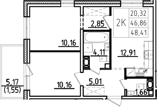 2-комнатная квартира 52.03 м², 1/9 эт., ЖК «IQ Гатчина 3»